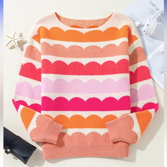 Womens Off Shoulder Round Neck Rainbow Floral Print Sweater - Picture 8 of 9